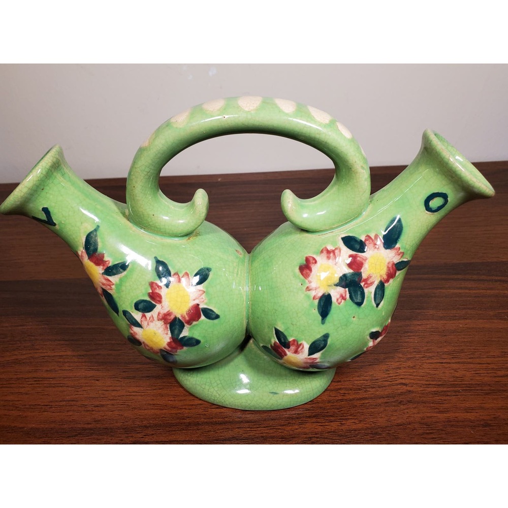 Vintage Ceramic Glazed Occupied Japan Green W/ Flower Art Oil Vinegar Dispenser